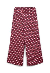 Pantaloni rossi a fantasia con un design geometrico caratterizzato da diamanti bianchi e rosso scuro, realizzati in un tessuto leggero con una vestibilità rilassata.