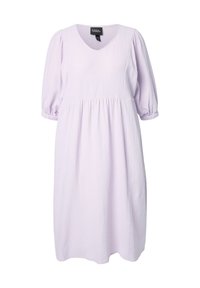 Lavendelfarbenes Kleid mit V-Ausschnitt, Ballonärmeln und gerafftem Taillenteil. Hergestellt aus leichtem, strukturiertem Stoff mit fließender Silhouette.