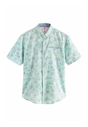 Lühikeste varrukatega nööbitav särk helesinisest mündirohelisest värvist, millel on valge ja hall lilleline muster. Omab kontrastset sisekraed ja rinnakotti.