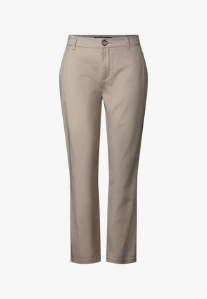 Beige tapered pants made of smooth fabric, featuring a front button closure, two side pockets, and a clean, straightforward design.