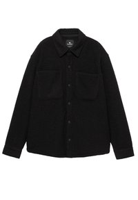 Sort fleeceskjortejakke med knaplukning, to forlommer og en krave. Blød tekstur med en afslappet pasform.