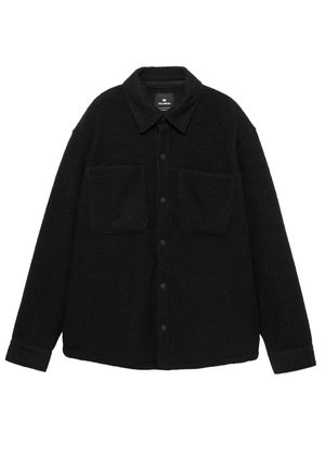 Svart fleeceskjortjacka med knäppning, två framfickor och krage. Mjuk textur med avslappnad passform.