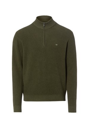 Sweter z dzianiny w kolorze oliwkowej zieleni z prążkowanym, wysokim kołnierzem, przednim zamkiem na pół, długimi rękawami i małym haftowanym logo na piersi.