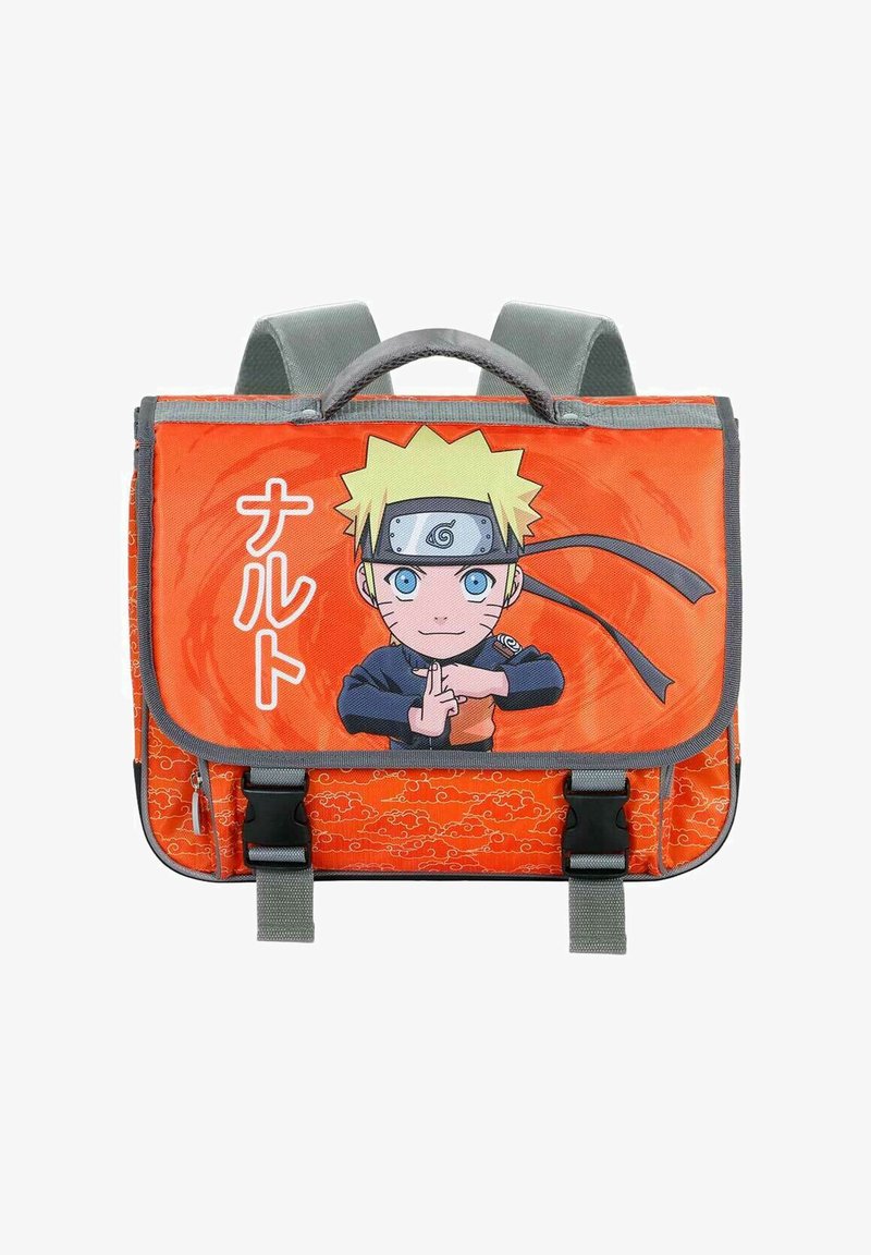 Sac de messager orange arborant un graphique d'un personnage avec des cheveux blonds en bataille, des yeux bleus et un bandeau. Bandoulières grises et détails matériels.