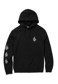 Felpa nera con cappuccio, tasca frontale a marsupio, cordini e logo bianco sul davanti e sulle maniche. Realizzata in morbido tessuto testurizzato.