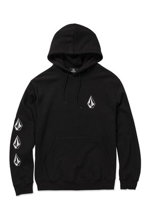 Black hoodie featuring a kangaroo pocket, drawstring hood, and white logo on the front and sleeves. Made from soft, textured fabric.