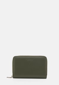 Olive green leather wallet with a smooth texture, zip closure, and embossed branding on the front. Rectangular shape with rounded edges.