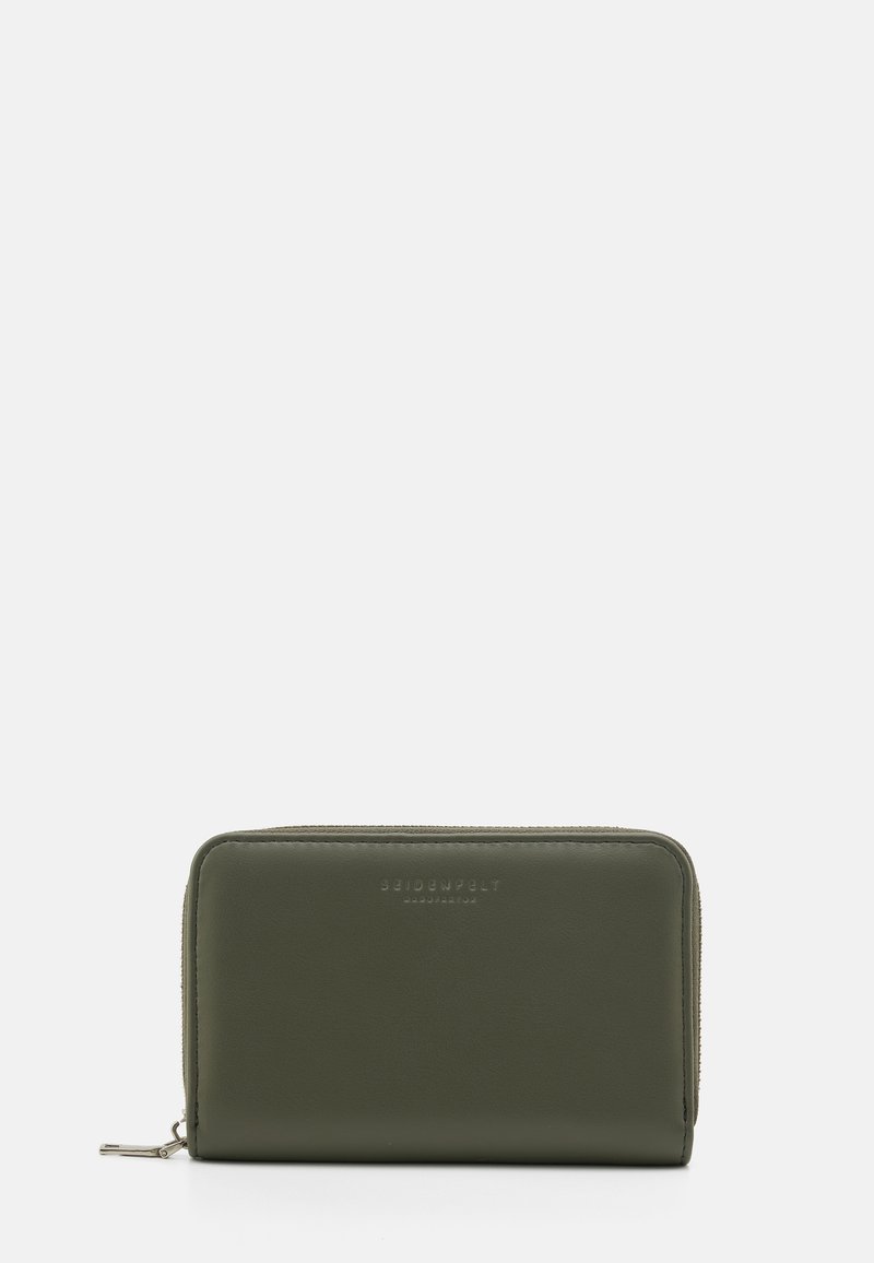 Olive green leather wallet with a smooth texture, zip closure, and embossed branding on the front. Rectangular shape with rounded edges.