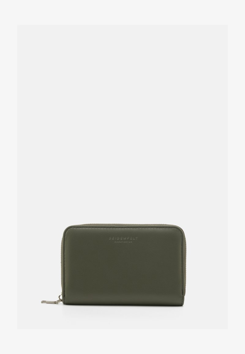 Olive green leather wallet with a smooth texture, zip closure, and embossed branding on the front. Rectangular shape with rounded edges.