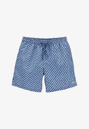 Blaue Badeshorts mit weißem Zickzackmuster, ausgestattet mit einem elastischen Bund und Kordelzug. Hergestellt aus leichtem, schnell trocknendem Stoff.