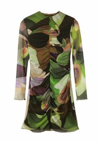 Robe à manches longues avec un motif floral dans des tons verts, violets et beige. Présente des fronces sur le devant et un col montant.