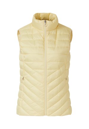 Gelbe gesteppte ärmellose Weste mit hohem Kragen und Frontreißverschluss, ausgestattet mit zwei seitlichen Reißverschlusstaschen sowie horizontalen und diagonalen Steppmuster.