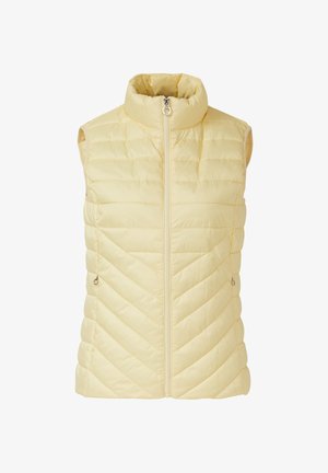 Gele doorgestikte mouwloze bodywarmer met hoge kraag en ritssluiting aan de voorkant, voorzien van twee zijzakken met rits en horizontale en diagonale stikpatronen.