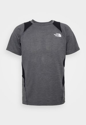Grijs sportshirt met korte mouwen met zwarte schouder- en zijpanelen, met het The North Face-logo op de linker bovenborst.