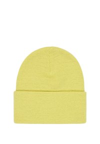 Gorro de punto amarillo con vuelta, que presenta una textura suave y una parte superior redondeada. La tela tiene un aspecto liso.