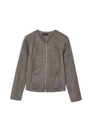 Giacca in suede grigia con chiusura frontale a zip, due tasche verticali con zip, maniche lunghe e colletto tondo, taglia piccola.
