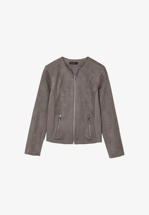 Giacca in suede grigia con chiusura frontale a zip, due tasche verticali con zip, maniche lunghe e colletto tondo, taglia piccola.