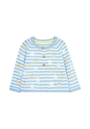 Cardigan pour bébé à rayures bleues et blanches avec des motifs de citrons jaunes et de fleurs blanches, doté de trois boutons en bois sur le devant.