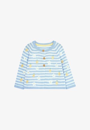 Blå og hvide stribede babycardigan med gule citron- og hvide blomsterprint, med tre træknapper foran.