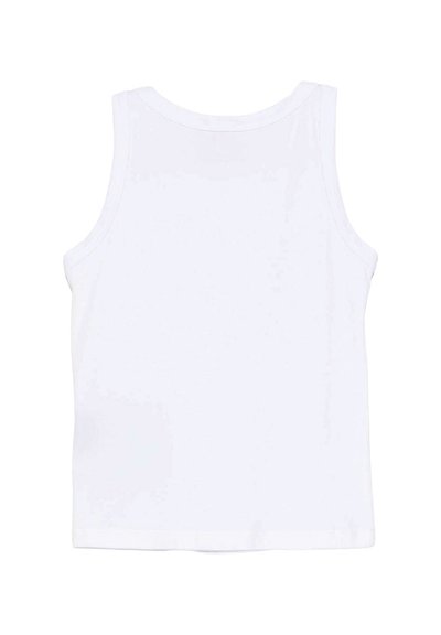 Canotta bianca semplice senza maniche con scollo rotondo, mostrata distesa su uno sfondo bianco.