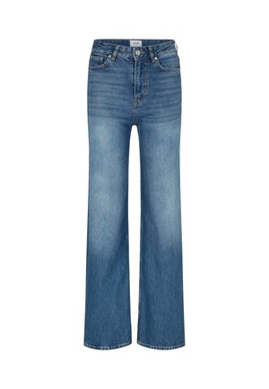Jean en denim bleu clair à taille haute et jambes larges. Présente un design classique à cinq poches et un léger dégradé à l'avant.