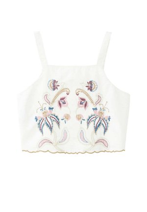 Crop top blanc avec fines bretelles et broderie florale pastel symétrique en rose, bleu et beige sur le devant.