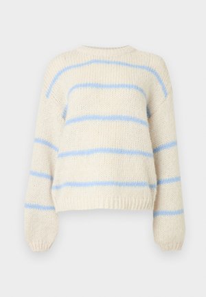 Pulover tricotat crem cu dungi orizontale bleu deschis și manșete, tiv și decolteu cu margini rib, afișat pe un fundal alb.