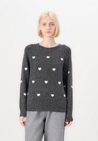 Gray knitted sweater with white heart patterns, round neckline, long sleeves, and ribbed hem. Smooth texture with a relaxed fit.