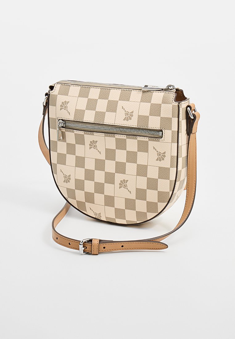 Beige Leder Schultertasche mit kariertem Muster, runder Form, Reißverschluss-F fronttasche und einem braunen verstellbaren Tragegurt.
