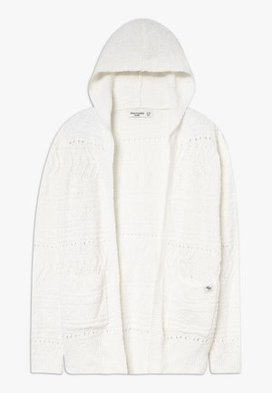 Weißer gestrickter Kinder-Kapuzencardigan mit langen Ärmeln, zwei Fronttaschen und strukturierten Zickzackmuster-Details.