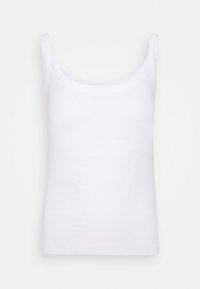 Bílý tílko s výstřihem do kulata, vyrobený z žebrované bavlněné látky. Má úzká ramínka a přiléhavý střih.