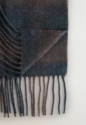 Wollen sjaal met verloopkleuren van blauw en bruin, voorzien van een franjerand en een zachte, gestructureerde afwerking.
