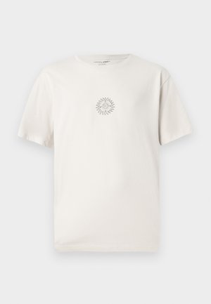 White short-sleeve t-shirt with small black circular sun design centered on chest, displayed on plain light background.