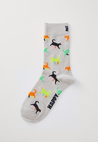 Grå bomullsstrumpa med färgglada kattdesigns i svart, orange, grön, rosa och gul, med "HAPPY" stickat i svart vid vristen.