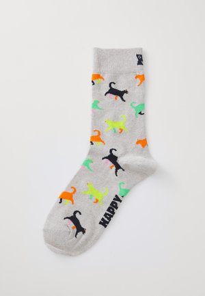 Grijze katoenen sok met kleurrijke kattenontwerpen in zwart, oranje, groen, roze en geel, met "HAPPY" gebreid in zwart op de enkel.