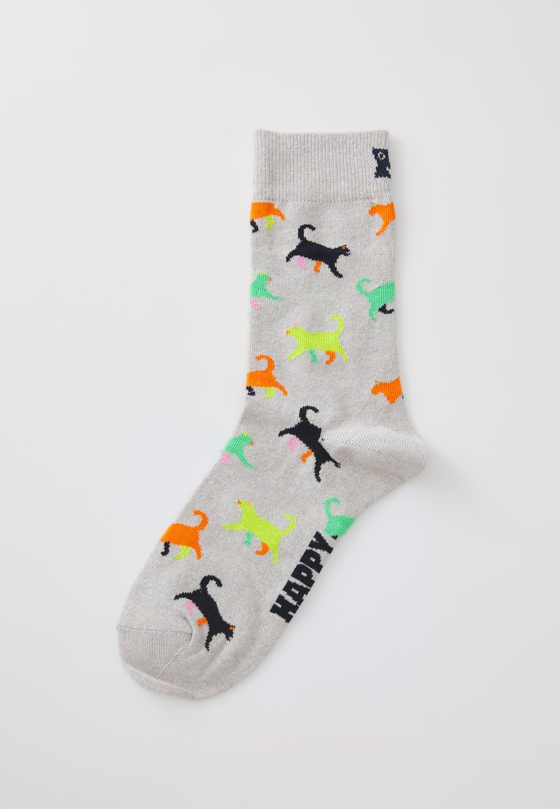 Grå bomullsstrumpa med färgglada kattdesigns i svart, orange, grön, rosa och gul, med "HAPPY" stickat i svart vid vristen.