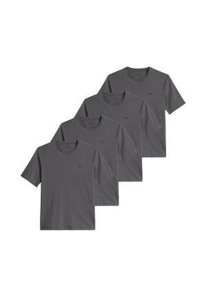 Quattro t-shirt identiche di colore grigio scuro a maniche corte con scollo tondo, disposte in un layout sfalsato e sovrapposto su sfondo bianco.