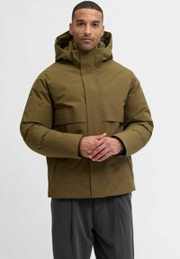 Braune Steppjacke mit hohem Kragen und verstellbarer Kapuze, ausgestattet mit einem eleganten Design, Seitentaschen und einer glatten Stoffstruktur.