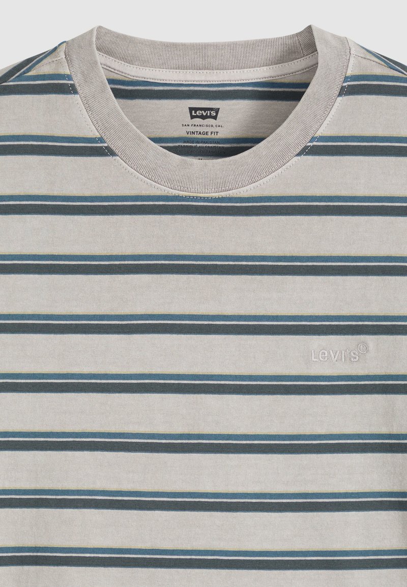Beige Levi's vintage fit t-shirt with blue, dark green, and yellow horizontal stripes and embroidered Levi's logo on the chest.