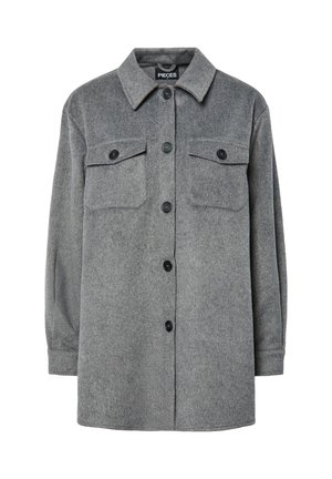 Giacca camicia grigia, con bottoni, realizzata in un morbido misto lana, con colletto classico, due tasche sul petto e bottoni neri.