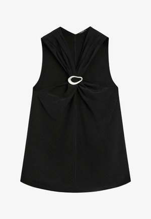 Schwarzes ärmelloses Oberteil mit Knotendetail auf der Rückseite, ausgestattet mit einem silbernen Hardware-Akzent, aus glattem Stoff mit lässiger Passform.