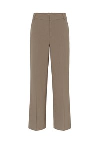 Pantaloni bej drept cu bucle pentru curea, fermoar frontal și închidere cu nasture, croiți pentru un aspect formal sau de afaceri.