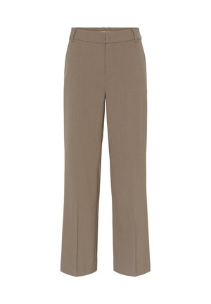 Hlače ravnog kroja u taupe boji s petljama za remen, prednjim zatvaračem i kopčanjem na gumb, prilagođene za formalni ili poslovni izgled.