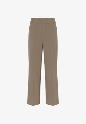 Pantaloni bej drept cu bucle pentru curea, fermoar frontal și închidere cu nasture, croiți pentru un aspect formal sau de afaceri.