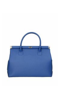 Bolso de mano azul de cuero con un diseño estructurado, dos asas superiores, acentos de hardware dorado y una superficie texturizada.