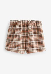Skotskternede shorts i et blødt, tekstureret stof med brune, orange og hvide farver. Elastisk talje med en afslappet pasform.