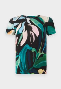 Kurzarm-T-Shirt aus Baumwolle mit dunklem Hintergrund und bunten, auffälligen Blattmustern in grün, rosa und blauen Farbtönen.