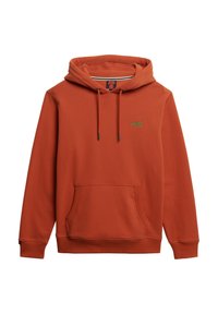 Orange hoodie made of soft fabric, featuring a kangaroo pocket, drawstring hood, and a green embroidered logo on the chest.