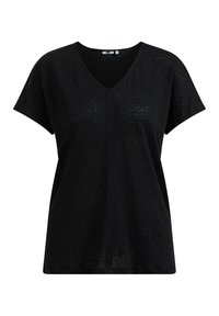 Svart t-shirt med kort ärm och v-ringad design, tillverkad av lätt, något strukturerad tyg. Enkel, klassisk silhuett utan utsmyckningar.