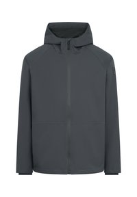 Donkergrijze capuchonjack van glad, lichtgewicht materiaal met een frontale rits en twee lagere zakken; heeft een subtiele logo op de mouw.